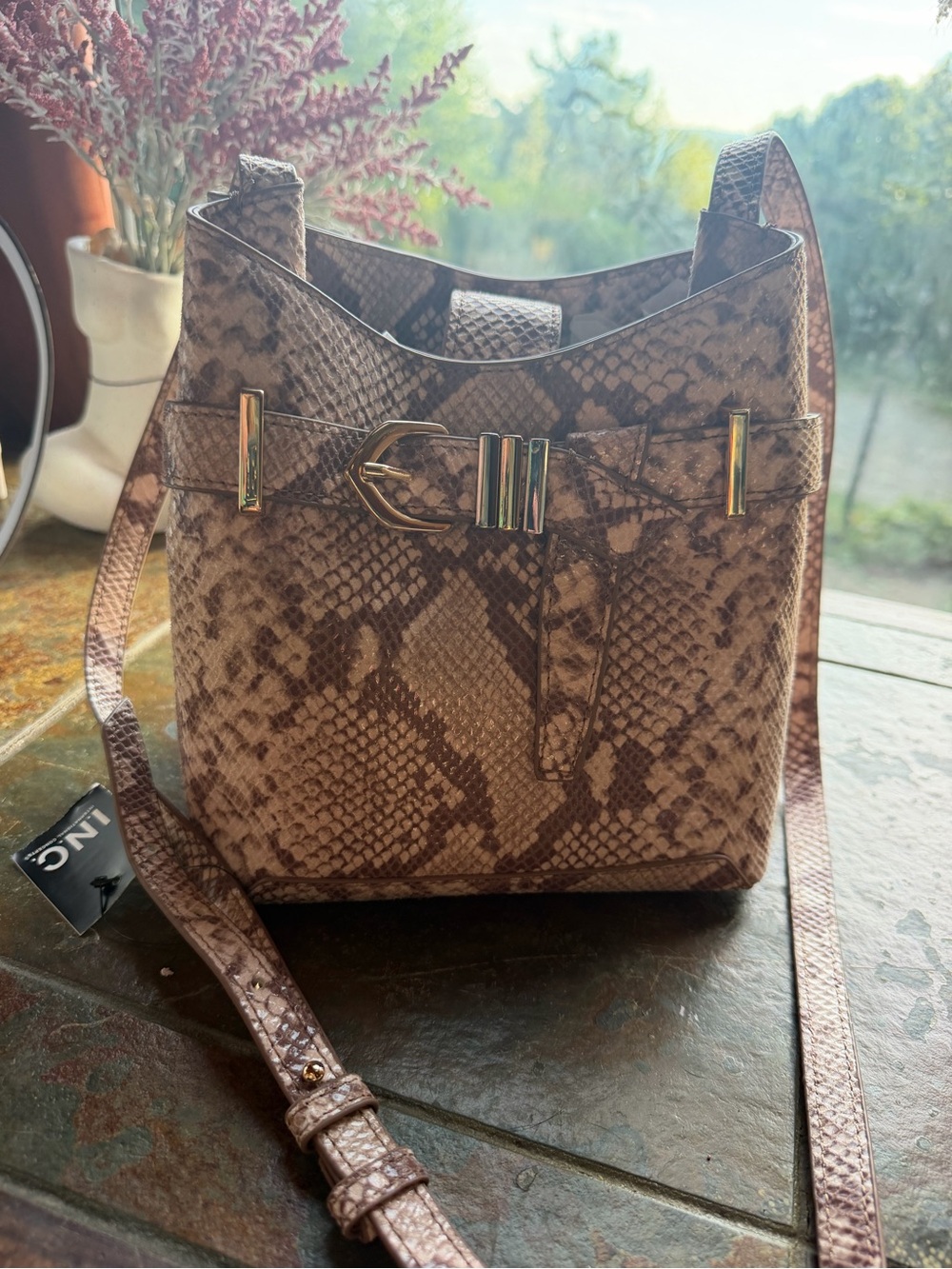 Snake-Print Bucket Crossbody Bag - Brown